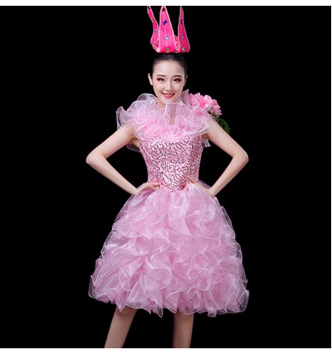 Women S Girls Pink Sequin Modern Jazz Dance Dress Choir Dresses Singers Stage Performance Group Performance Dresses