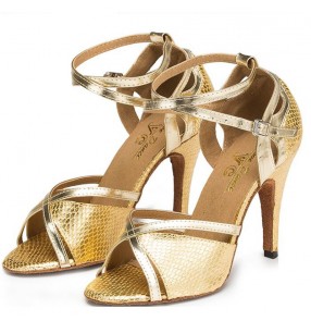 Women's gold royal blue ballroom latin dance shoes soft cow leather sole 7.5cm heel