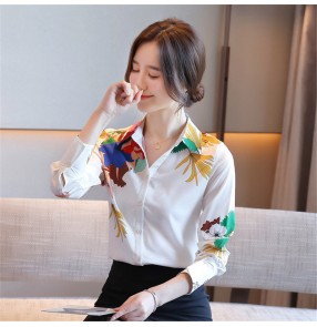 Women's long sleeve printed white chiffon shirt office lady blouses Retro print professional top for female