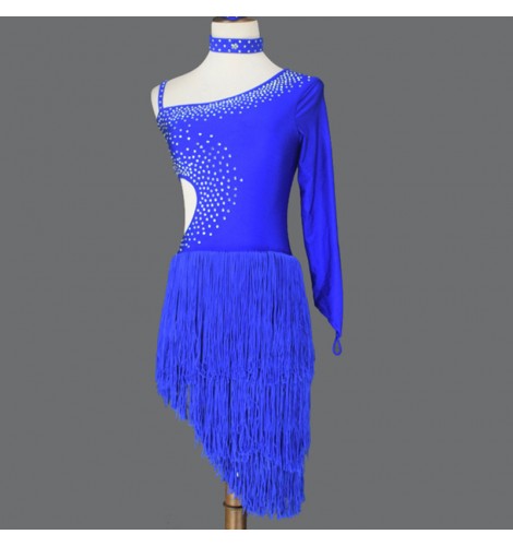 Women's royal blue fringes competition latin dance dresses stage ...