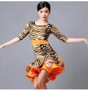 Women's tiger printed latin dance dresses salsa rumba chacha dance dresses