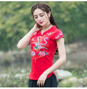 Women's traditional Chinese retro blouses plus size embroidered pattern short sleeves shirts tops