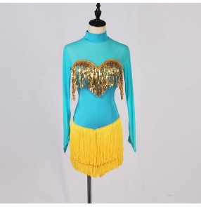 women's turquoise yellow sequins tassels latin dance dresses rumba chacha dance dresses latin dance costumes for female