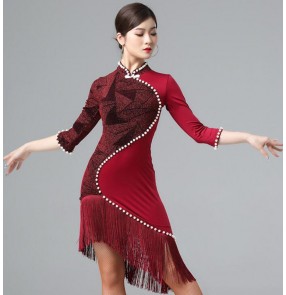 Women's wine gold fringes latin dance dress chinese qipao dresses modern dance salsa rumba chacha dance dress costumes
