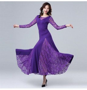 Women's wine purple black lace ballroom dancing dresses pratice stage performance waltz tango dance dress