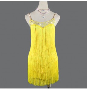 Women's yellow diamond fringes competition latin dance dresses salsa chacha rumba dance dress skirts