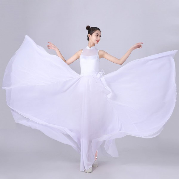 Women white Modern ballet dance dress chinese classical performance qipao  dresses 720 degree hem swing skirt performance costume