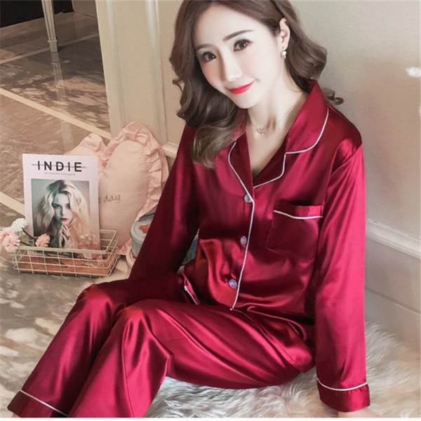 Women wine silver Pajama Sets Silk Satin Pijama Turn-down Collar ...