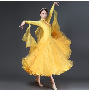 Yellow ballroom dance dress for women stage performance rhinestones black red competition ballroom dancing dresses for female ballroom dance skirts